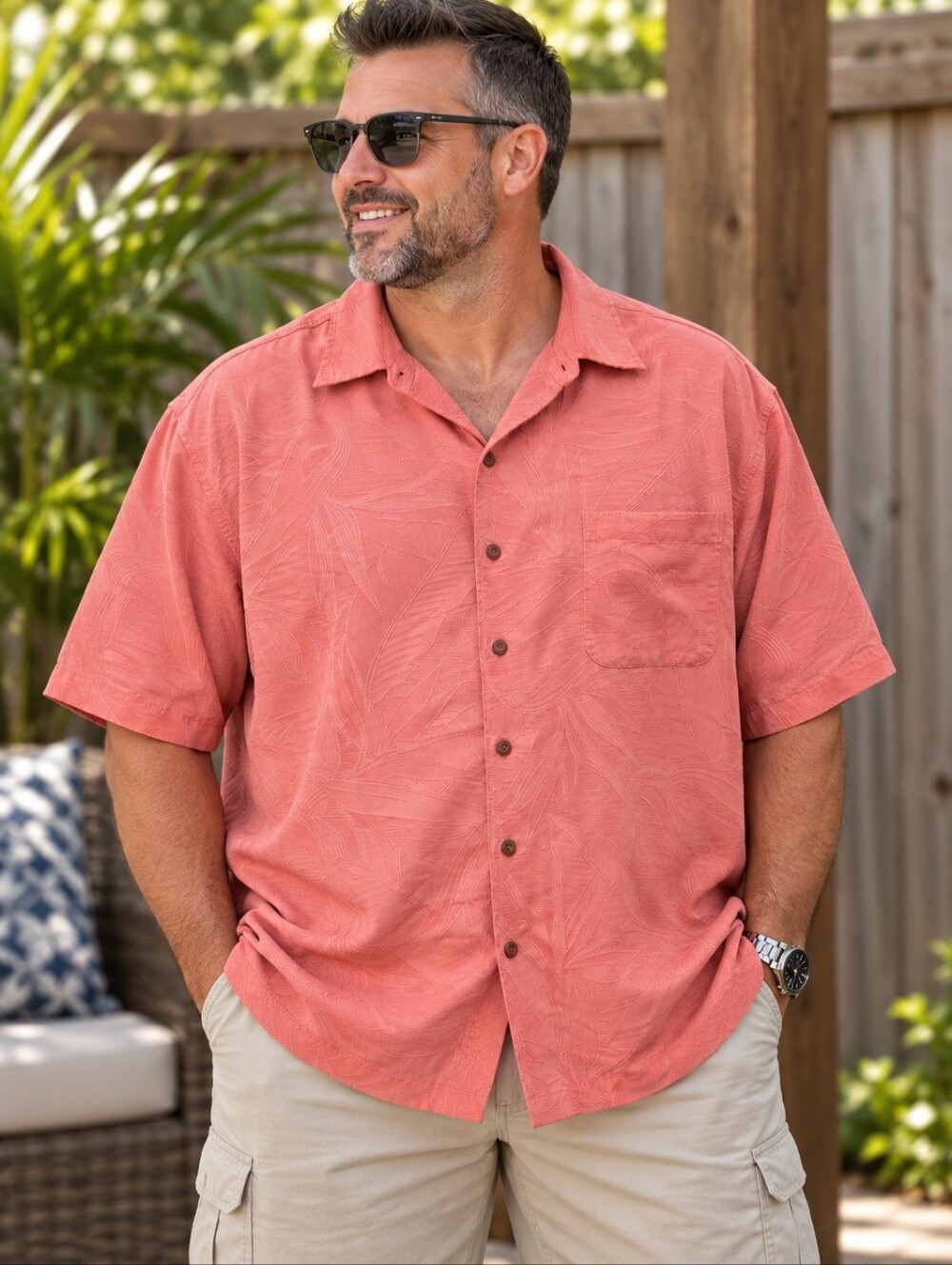 Caribbean Men’s Coral Tropical Textured Button-Up Shirt 3XT Short Sleeve Coral